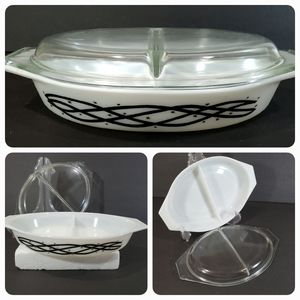 Vtg 2pc Pyrex 1.5 Qt. Barbed Wire Divided Oval Casserole Baking Dish w/Lid Rare